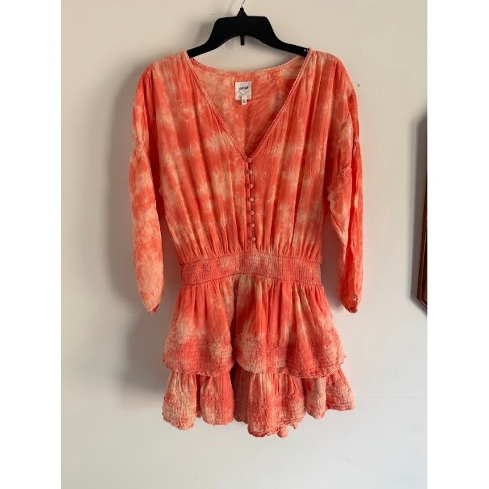 Boho Tie Dye Aerie Smocked Ruffle Mini Dress Womens Medium Coral - Picture 2 of 10